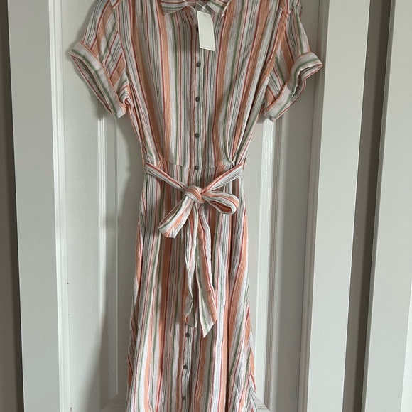 Anne Klein Orange Stripped Button Front Belted Shirt Dress in Medium size, NWT - Picture 2 of 7